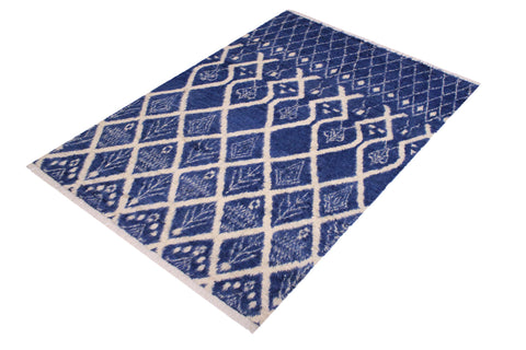 handmade Geometric Moroccan Blue Ivory Hand Knotted RECTANGLE 100% WOOL area rug 8' x 10'