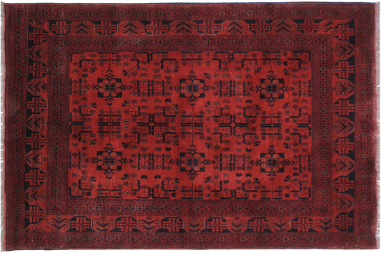 handmade Geometric Khal Muhamm Drk. Red Black Hand Knotted RECTANGLE 100% WOOL area rug 6' x 8'
