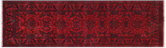 handmade Geometric Khal Muhamm Drk. Red Black Hand Knotted RUNNER 100% WOOL area rug 3' x 10'