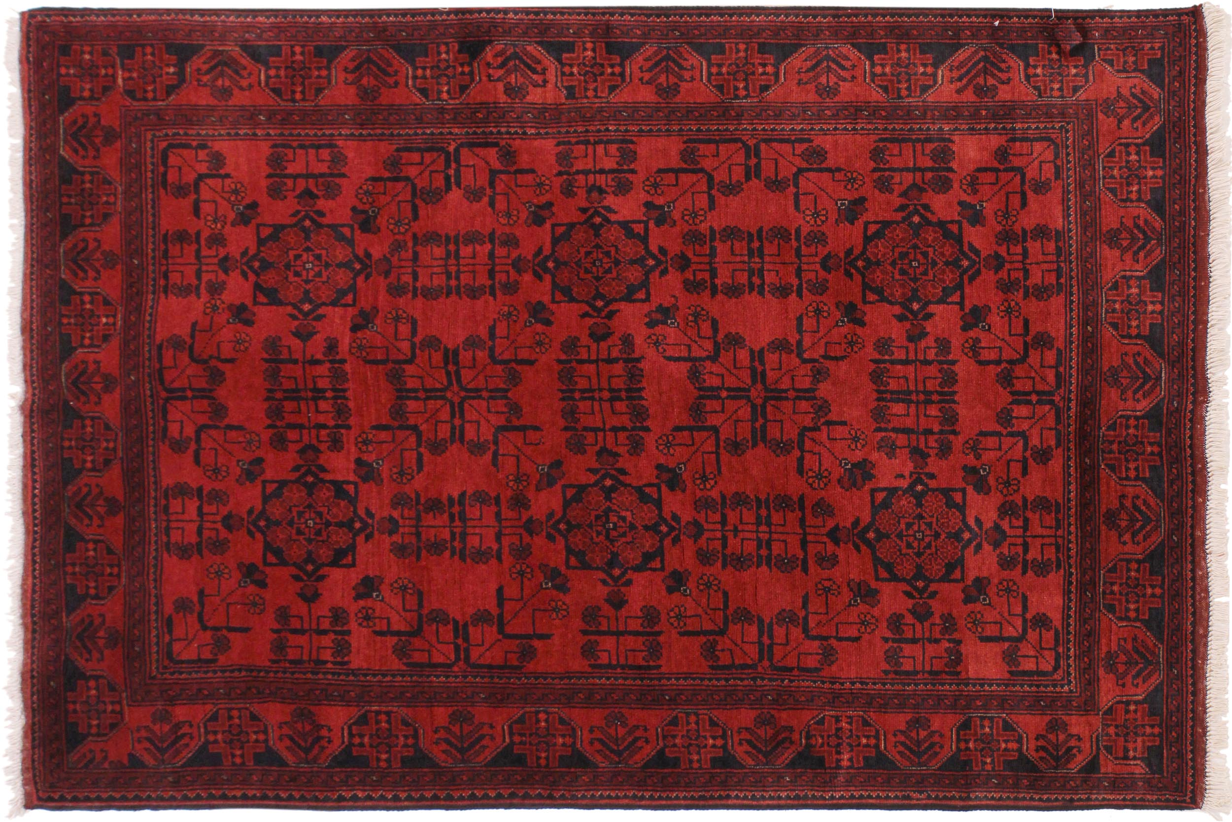 handmade Geometric Khal Muhamm Drk. Red Black Hand Knotted RECTANGLE 100% WOOL area rug 4' x 6'