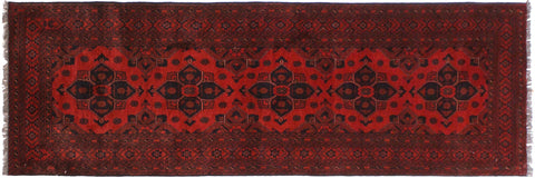 handmade Geometric Khal Muhamm Drk. Red Black Hand Knotted RUNNER 100% WOOL area rug 3' x 10'
