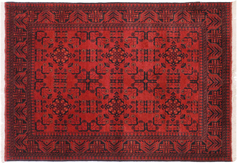 handmade Geometric Khal Muhamm Drk. Red Black Hand Knotted RECTANGLE 100% WOOL area rug 4' x 6'