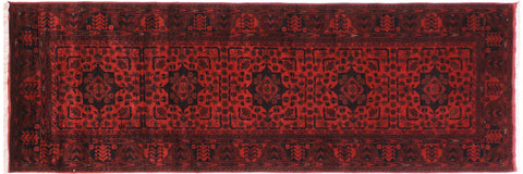 handmade Geometric Khal Muhamm Drk. Red Black Hand Knotted RUNNER 100% WOOL area rug 3' x 10'