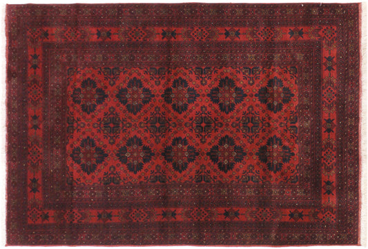handmade Geometric Khal Muhamm Drk. Red Black Hand Knotted RECTANGLE 100% WOOL area rug 4' x 7'
