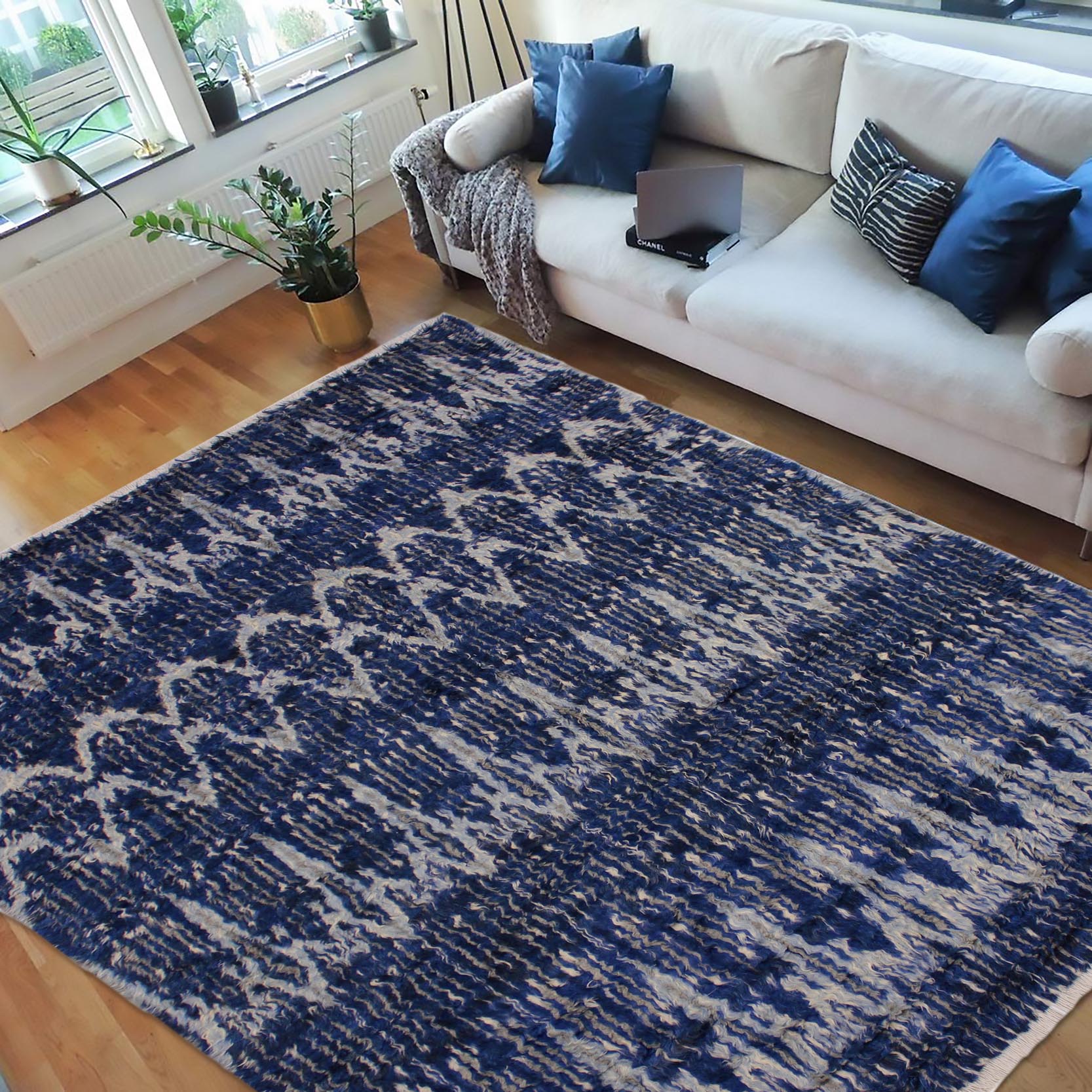 handmade Geometric Moroccan Blue Ivory Hand Knotted RECTANGLE 100% WOOL area rug 8' x 10'