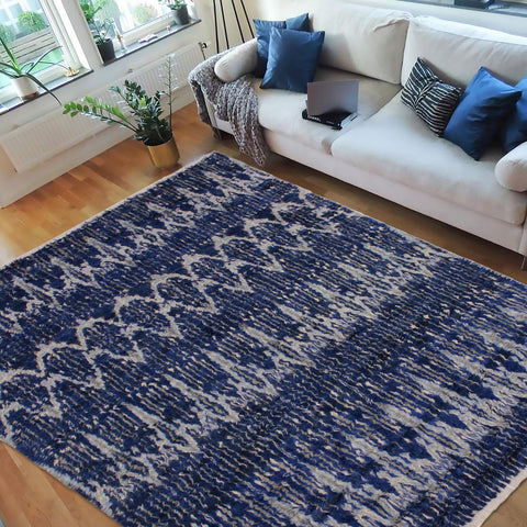 handmade Geometric Moroccan Blue Ivory Hand Knotted RECTANGLE 100% WOOL area rug 8' x 10'