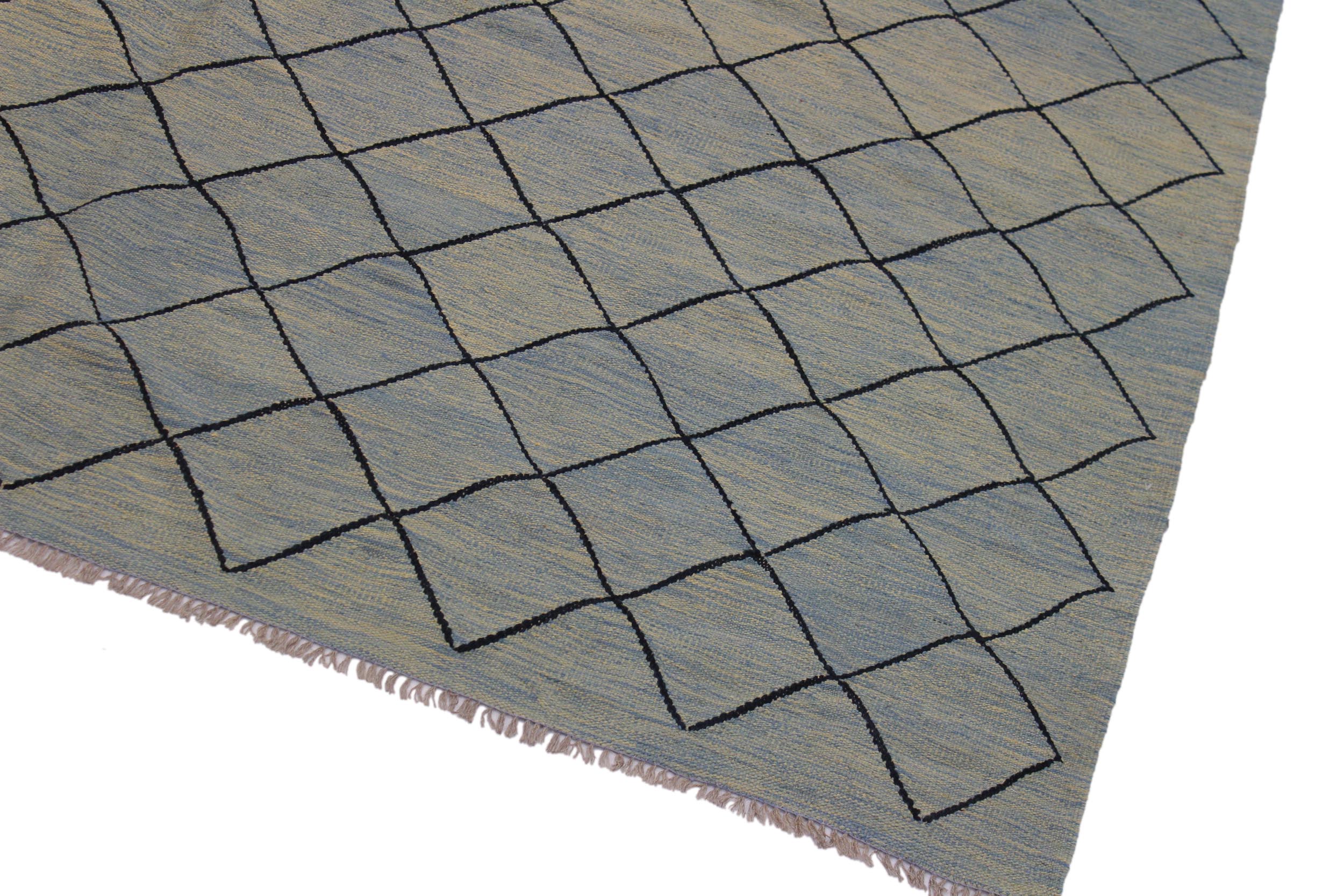 handmade Modern Kilim Lt. Blue Black Hand-Woven RECTANGLE 100% WOOL area rug 8' x 10'