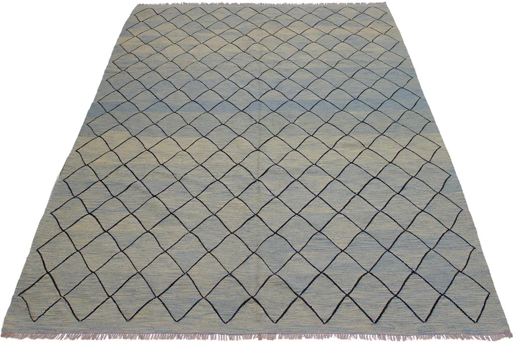 Flat Weave Kilim Antique Navaho Vintage handmade Modern Kilim Lt. Blue Black Hand-Woven Rectangle 100% Wool Area Rug 8x10 