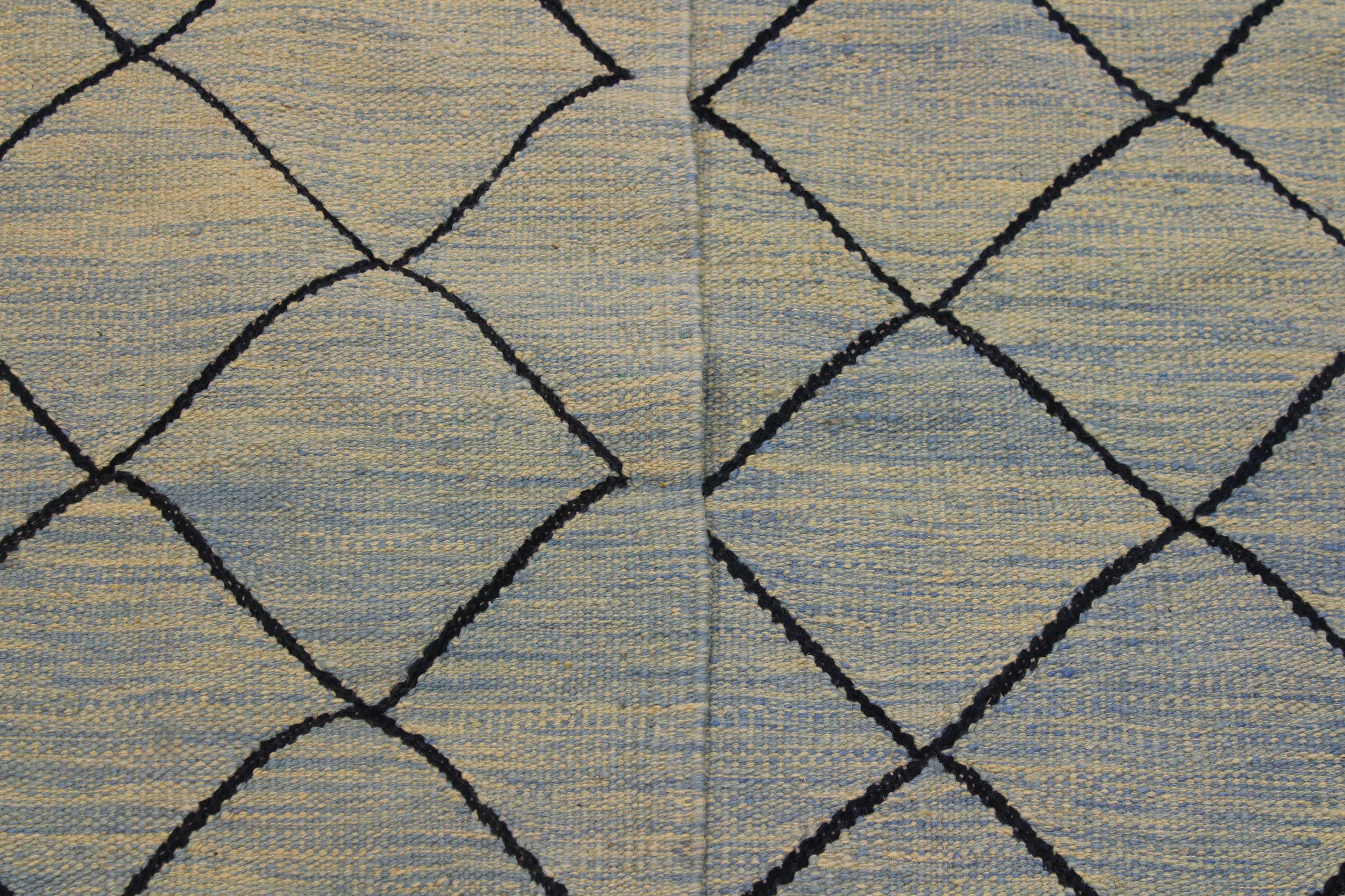handmade Modern Kilim Lt. Blue Black Hand-Woven RECTANGLE 100% WOOL area rug 8' x 10'