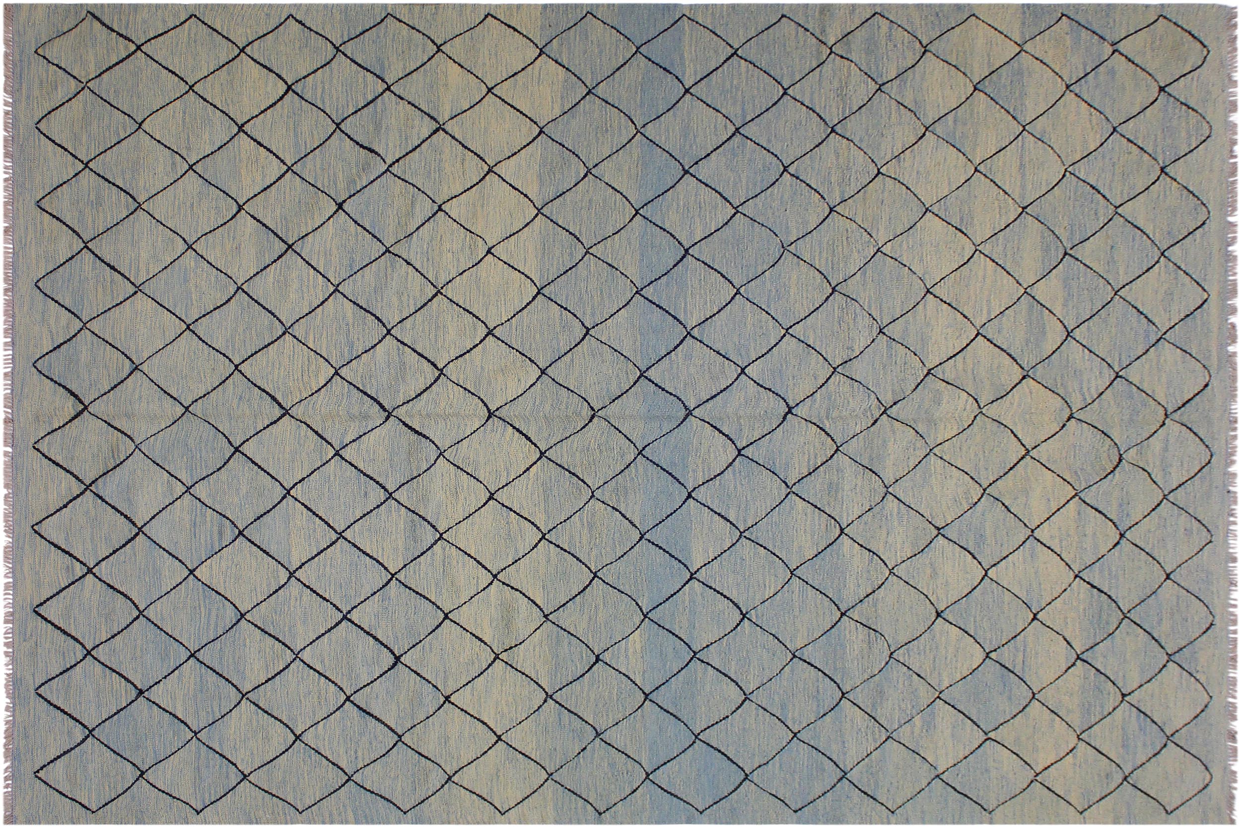 handmade Modern Kilim Lt. Blue Black Hand-Woven RECTANGLE 100% WOOL area rug 8' x 10'