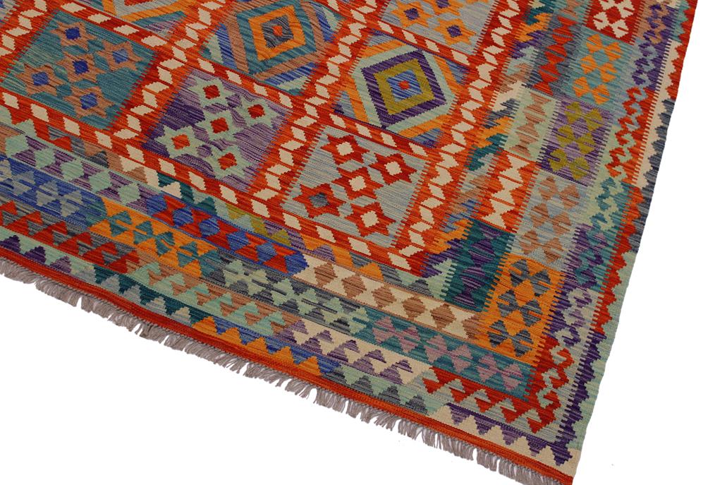 Flat Weave Kilim Antique Navaho Vintage handmade Geometric Kilim Rust Blue Hand-Woven Rectangle 100% Wool Area Rug 7x10 