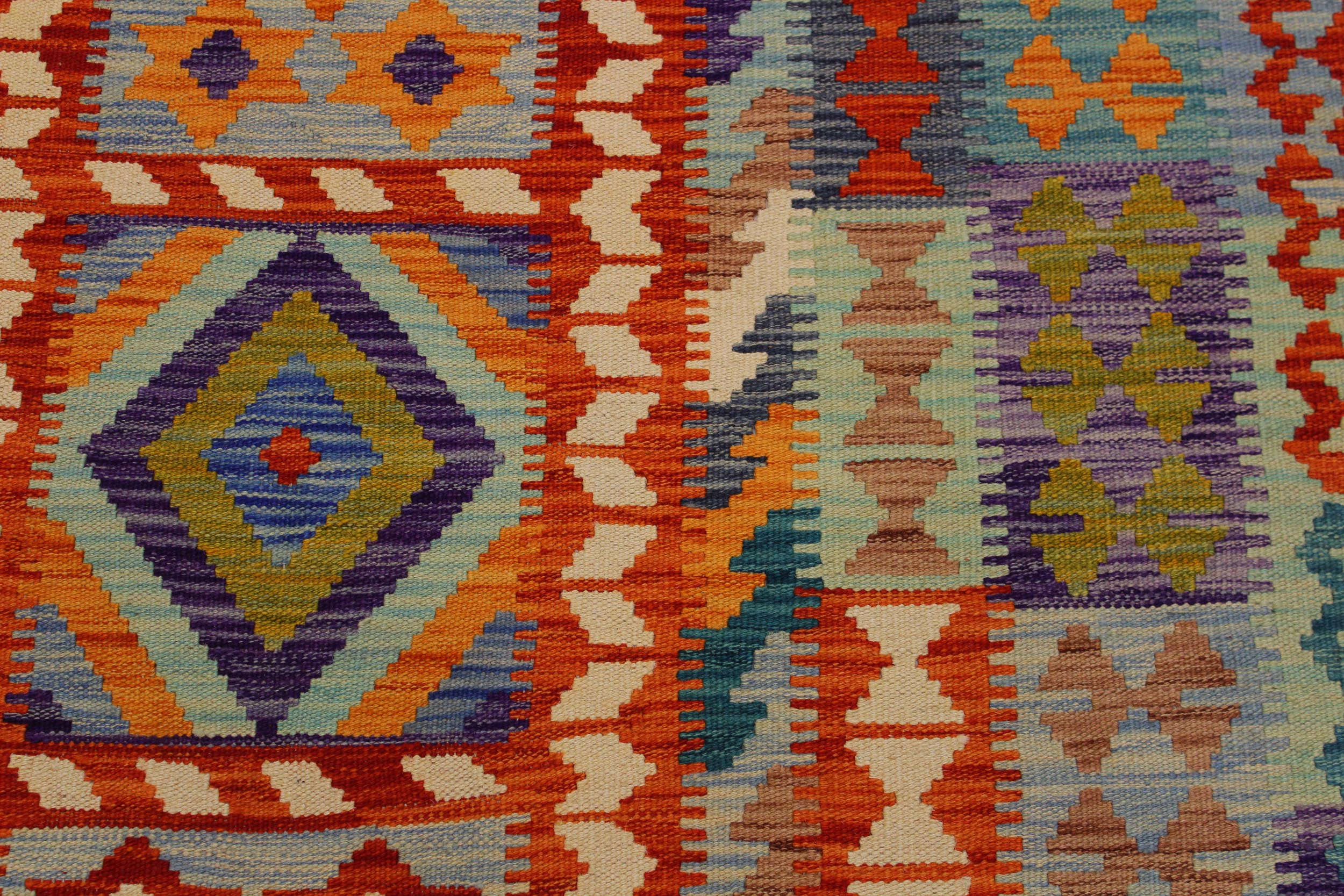 handmade Geometric Kilim Rust Blue Hand-Woven RECTANGLE 100% WOOL area rug 7 x 10