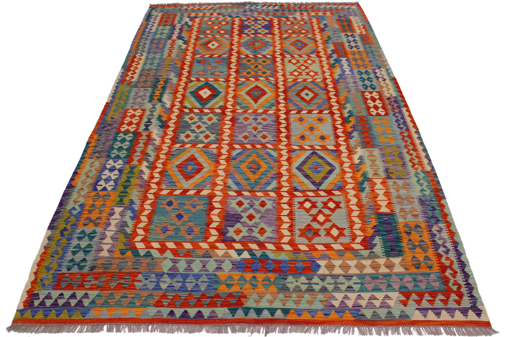 handmade Geometric Kilim Rust Blue Hand-Woven RECTANGLE 100% WOOL area rug 7 x 10