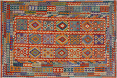 handmade Geometric Kilim Rust Blue Hand-Woven RECTANGLE 100% WOOL area rug 7 x 10