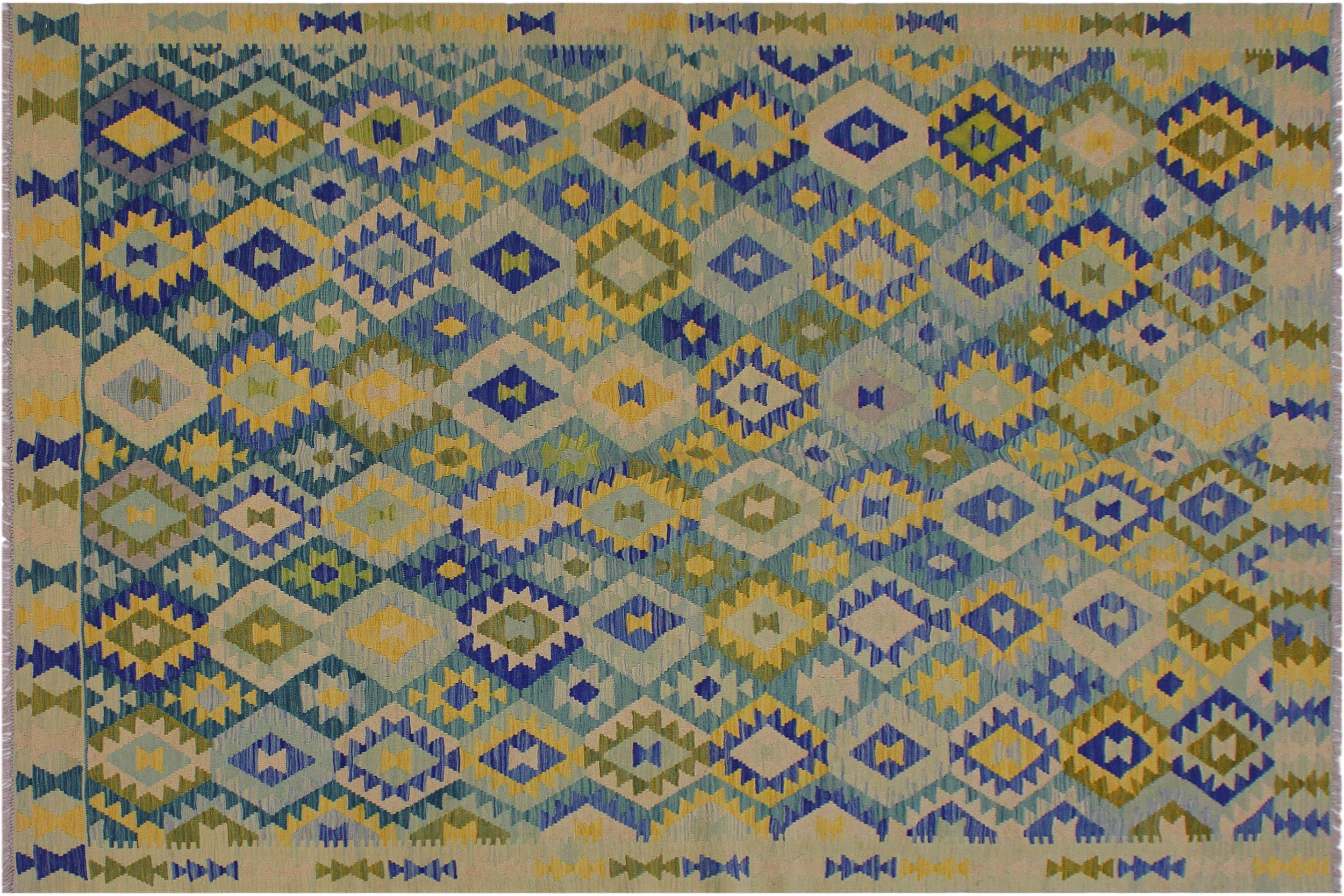 handmade Geometric Kilim Green Blue Hand-Woven RECTANGLE 100% WOOL area rug 7 x 10
