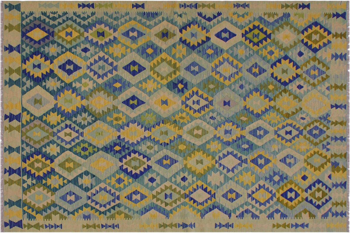 6x10 hand woven Turkish Kilim wool rug in green and blue - Tribal Bella Turkish