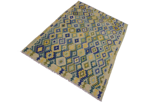 handmade Geometric Kilim Green Blue Hand-Woven RECTANGLE 100% WOOL area rug 7 x 10