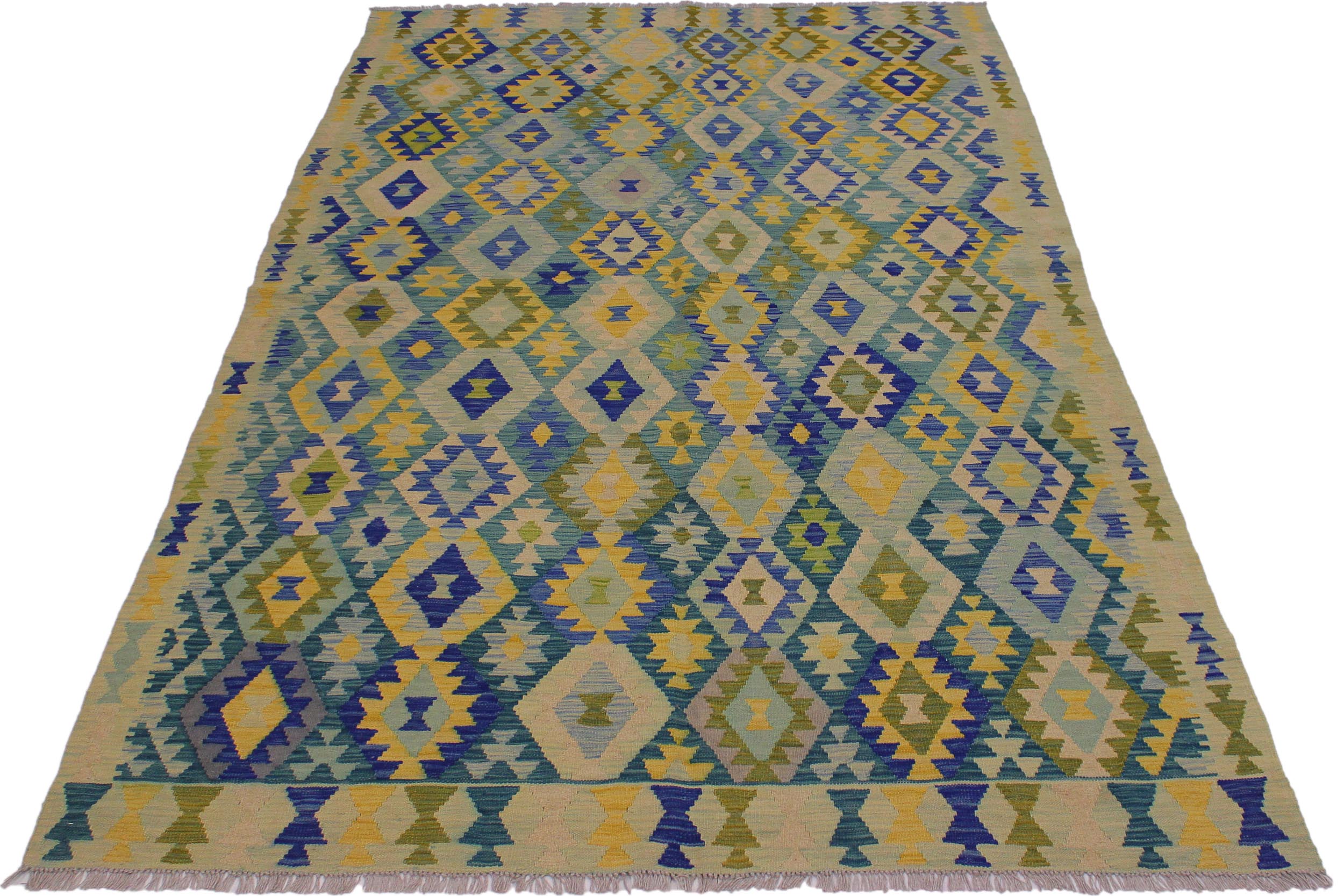 handmade Geometric Kilim Green Blue Hand-Woven RECTANGLE 100% WOOL area rug 7 x 10