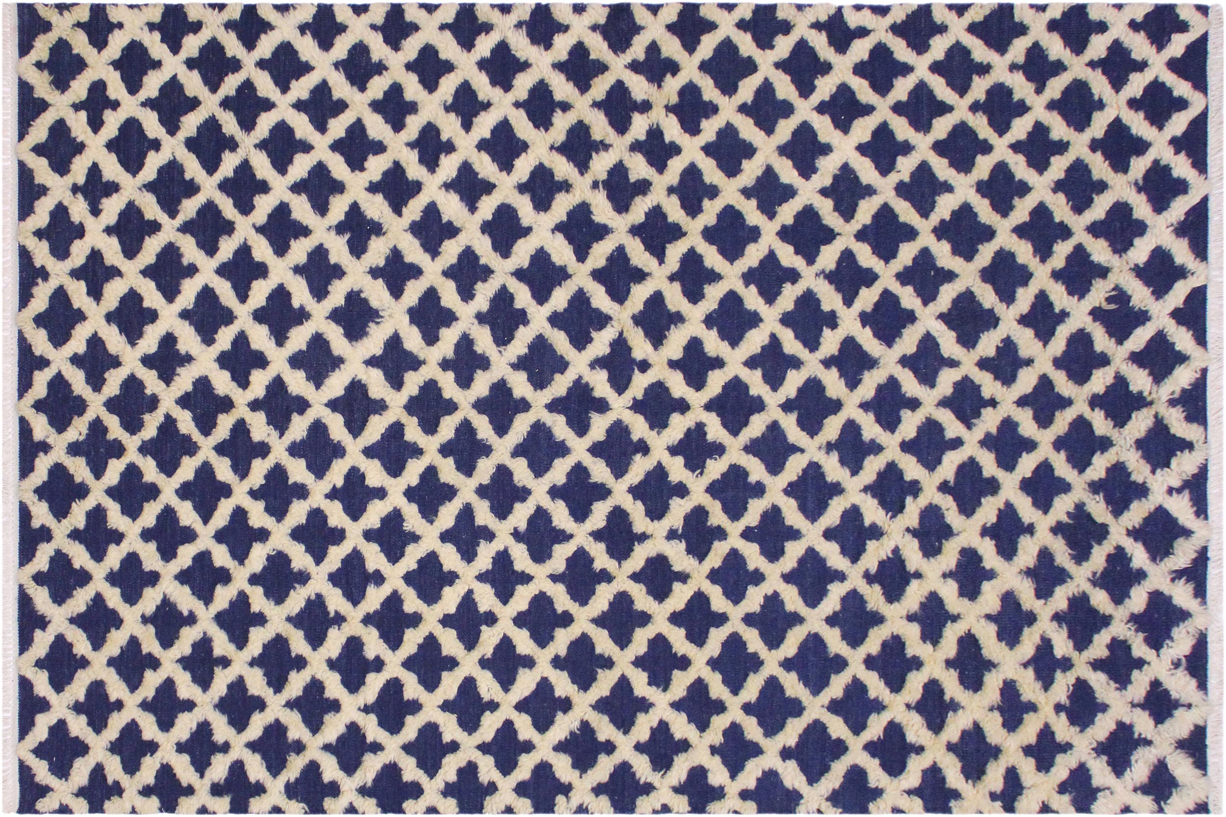handmade Geometric Moroccan Hi Blue Ivory Hand Knotted RECTANGLE 100% WOOL area rug 5' x 7'
