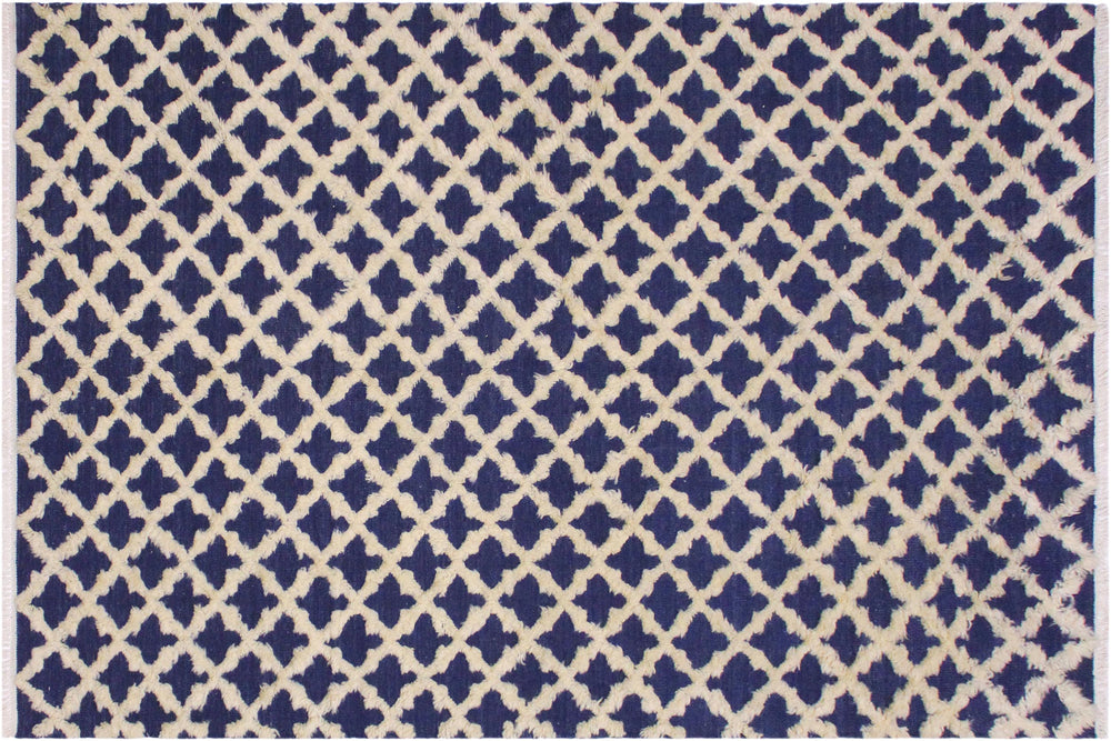 handmade Geometric Moroccan Hi Blue Ivory Hand Knotted RECTANGLE 100% WOOL area rug 5' x 7'