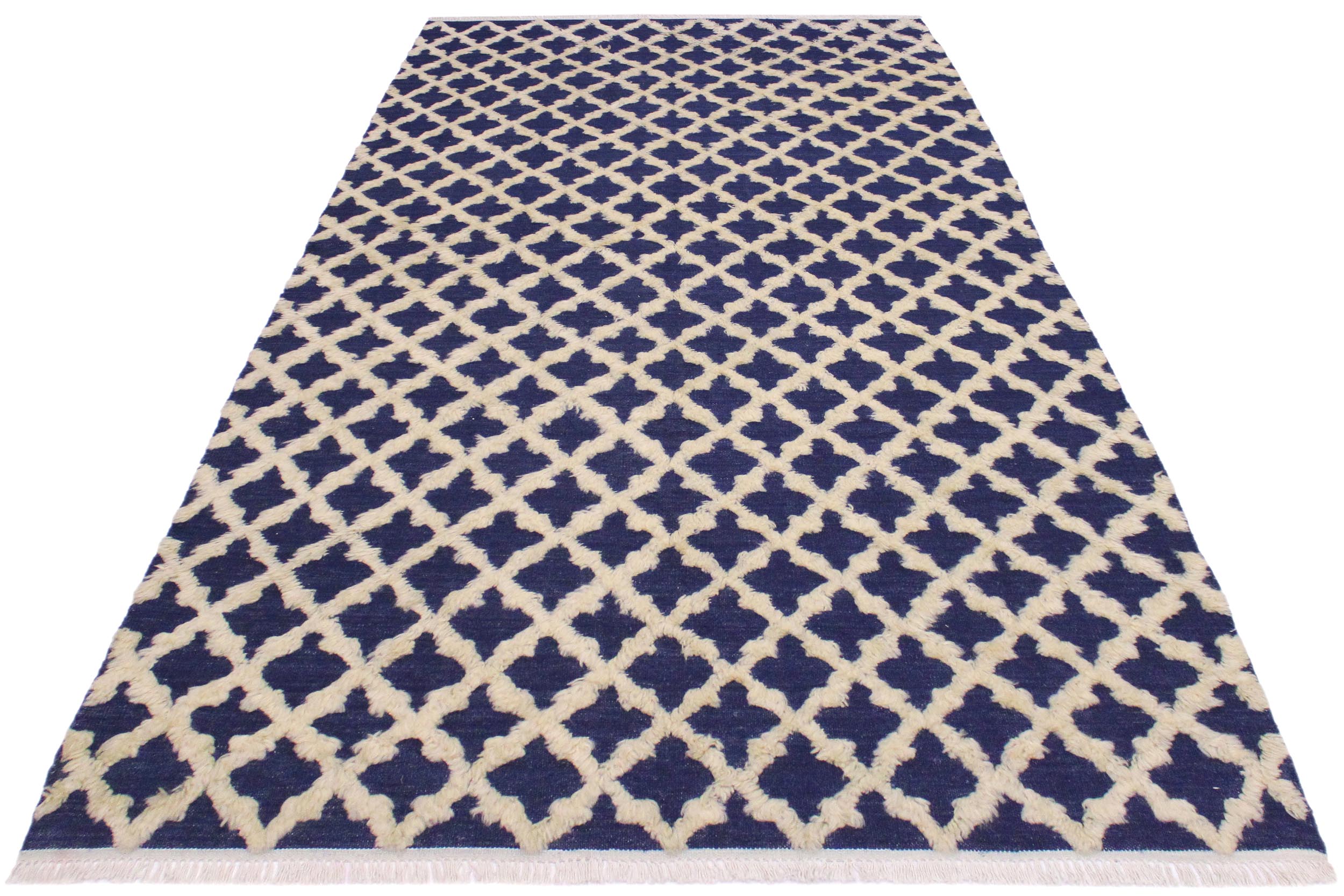 handmade Geometric Moroccan Hi Blue Ivory Hand Knotted RECTANGLE 100% WOOL area rug 5' x 7'
