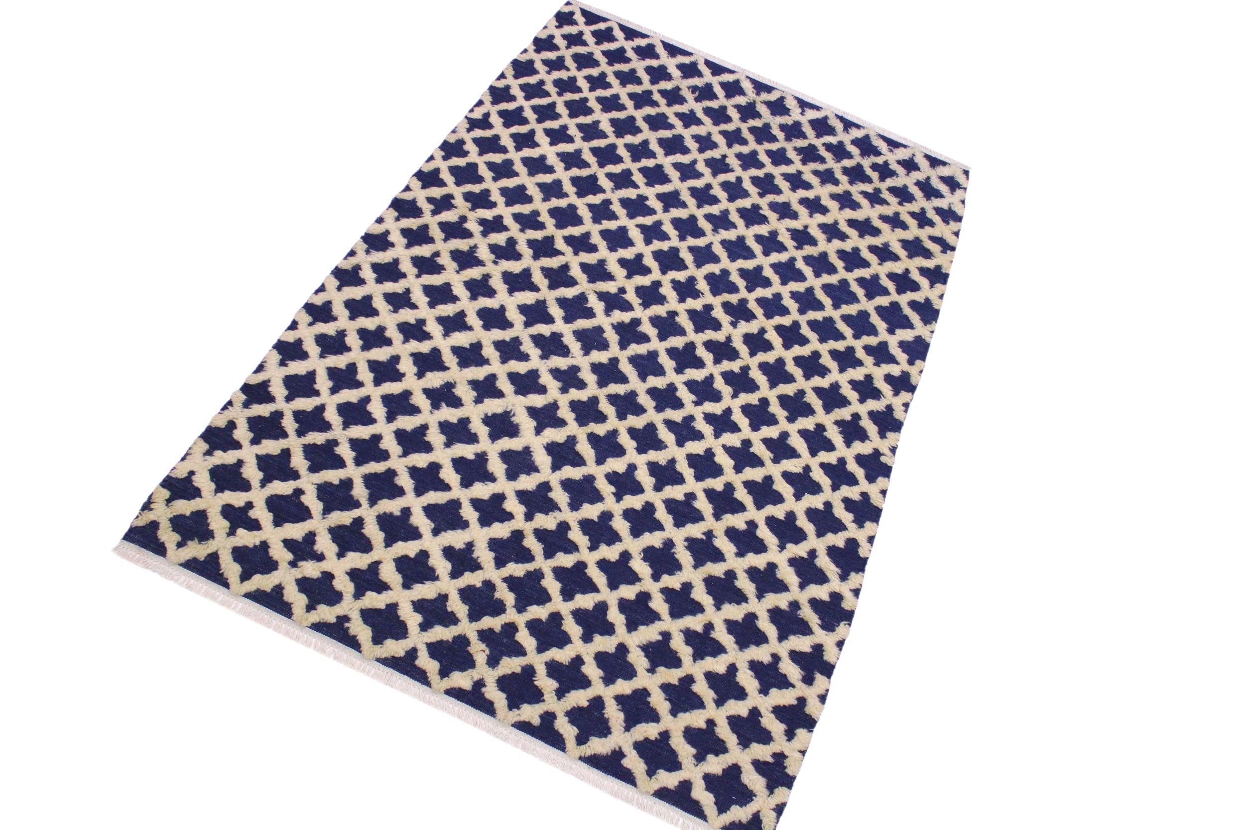 handmade Geometric Moroccan Hi Blue Ivory Hand Knotted RECTANGLE 100% WOOL area rug 4' x 6'