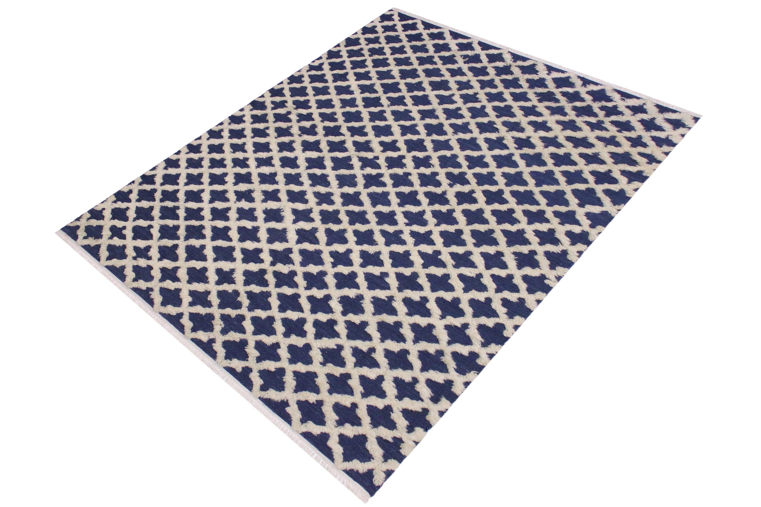 handmade Geometric Moroccan Hi Blue Ivory Hand Knotted RECTANGLE 100% WOOL area rug 6' x 9'