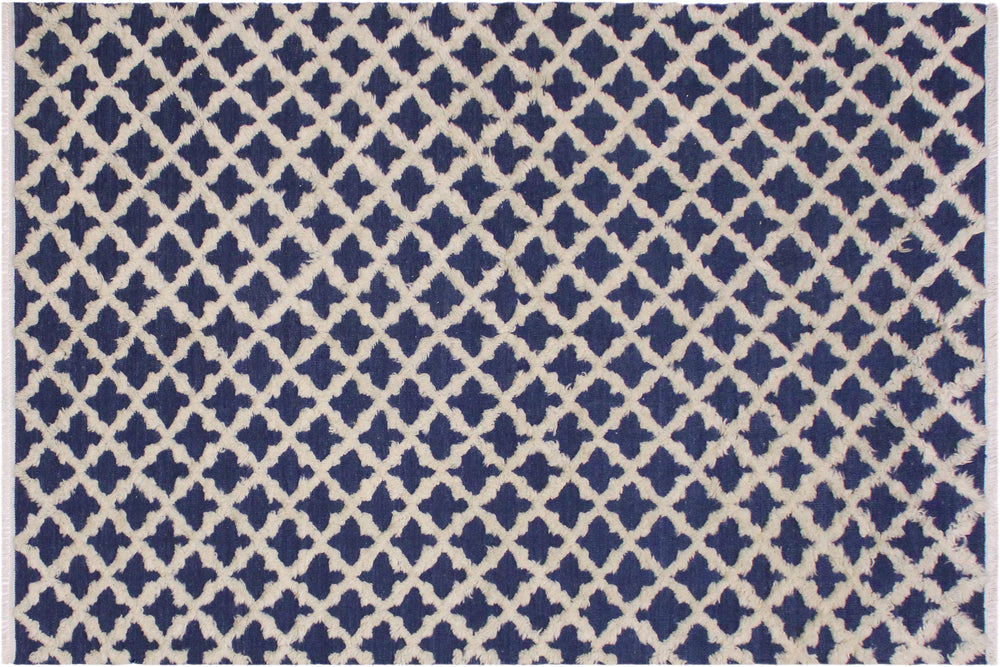 handmade Geometric Moroccan Hi Blue Ivory Hand Knotted RECTANGLE 100% WOOL area rug 6' x 9'
