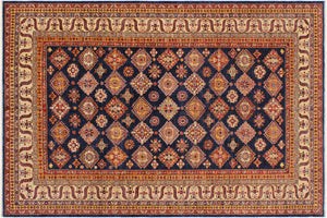 9x12 hand knotted Super Kazak wool rug in blue and beige - Rustic Super Kazak Bernadin