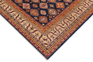 handmade Geometric Super Kazak Blue Beige Hand Knotted RECTANGLE 100% WOOL area rug 9' x 12'