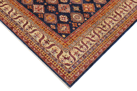 handmade Geometric Super Kazak Blue Beige Hand Knotted RECTANGLE 100% WOOL area rug 9' x 12'