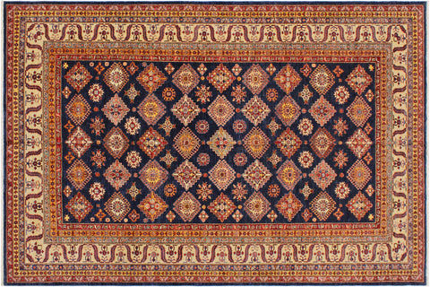 handmade Geometric Super Kazak Blue Beige Hand Knotted RECTANGLE 100% WOOL area rug 9' x 12'