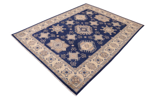 handmade Geometric Kafkaz Blue Beige Hand Knotted RECTANGLE 100% WOOL area rug 10' x 13'