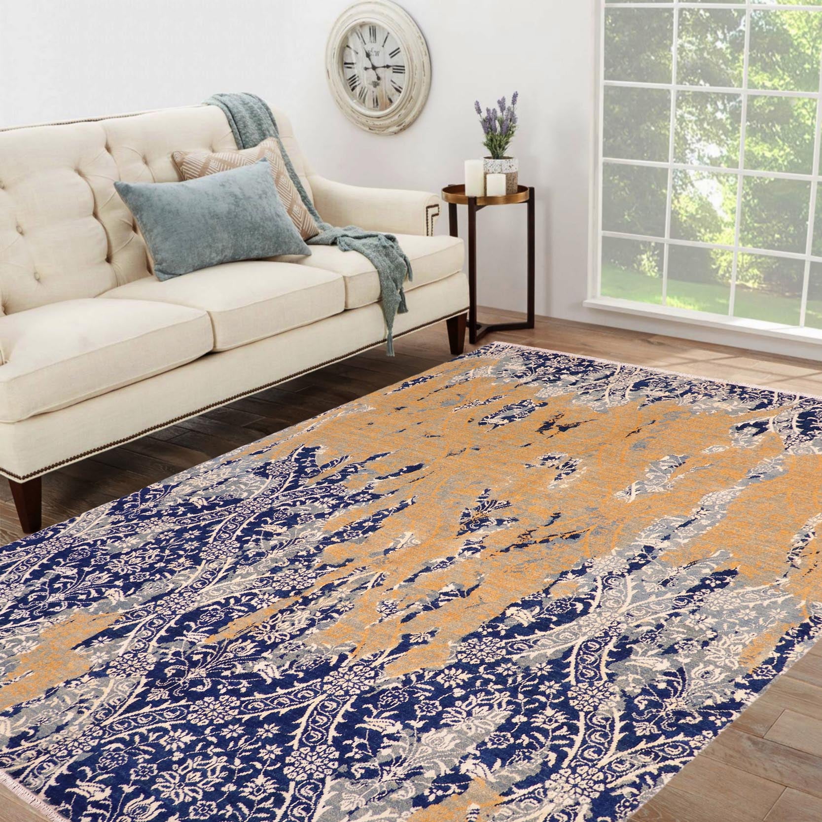 handmade Modern Kafkaz Blue Beige Hand Knotted RECTANGLE WOOL&SILK area rug 8' x 10'
