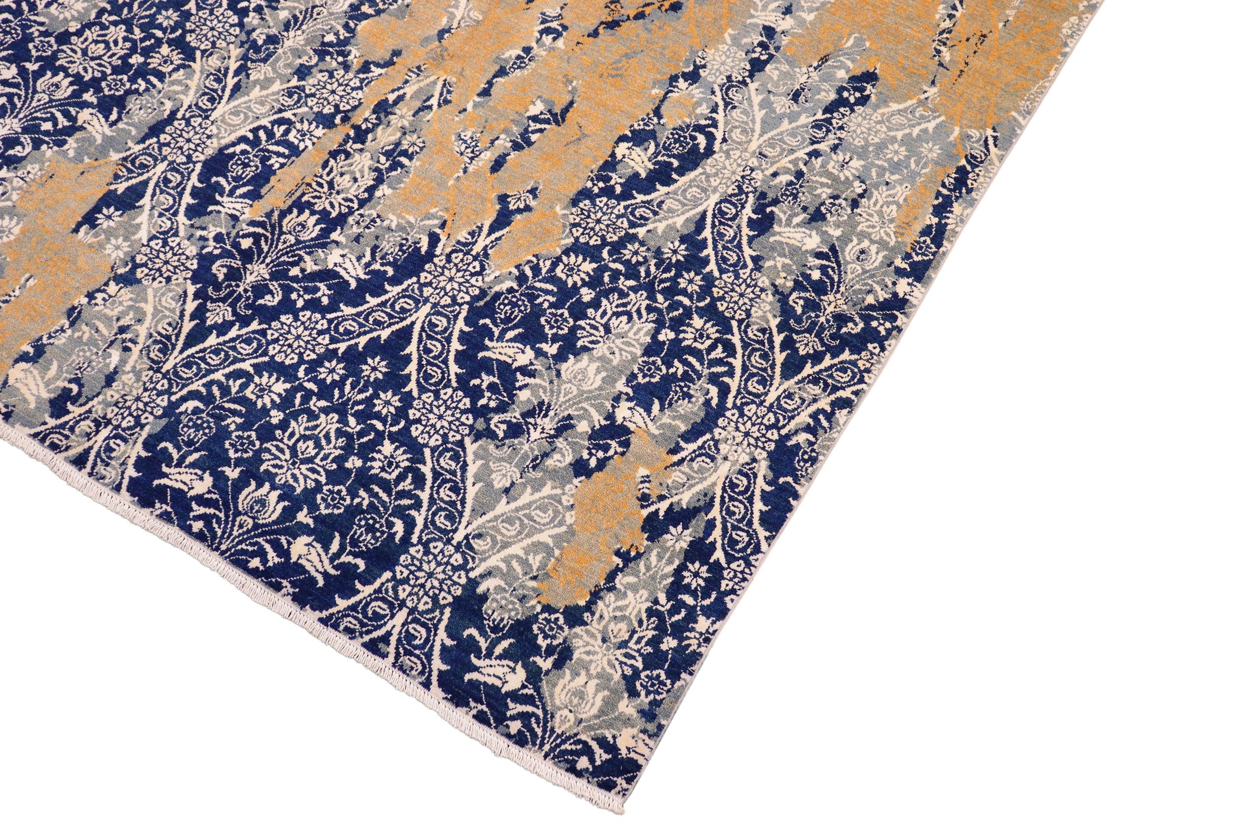 handmade Modern Kafkaz Blue Beige Hand Knotted RECTANGLE WOOL&SILK area rug 8' x 10'