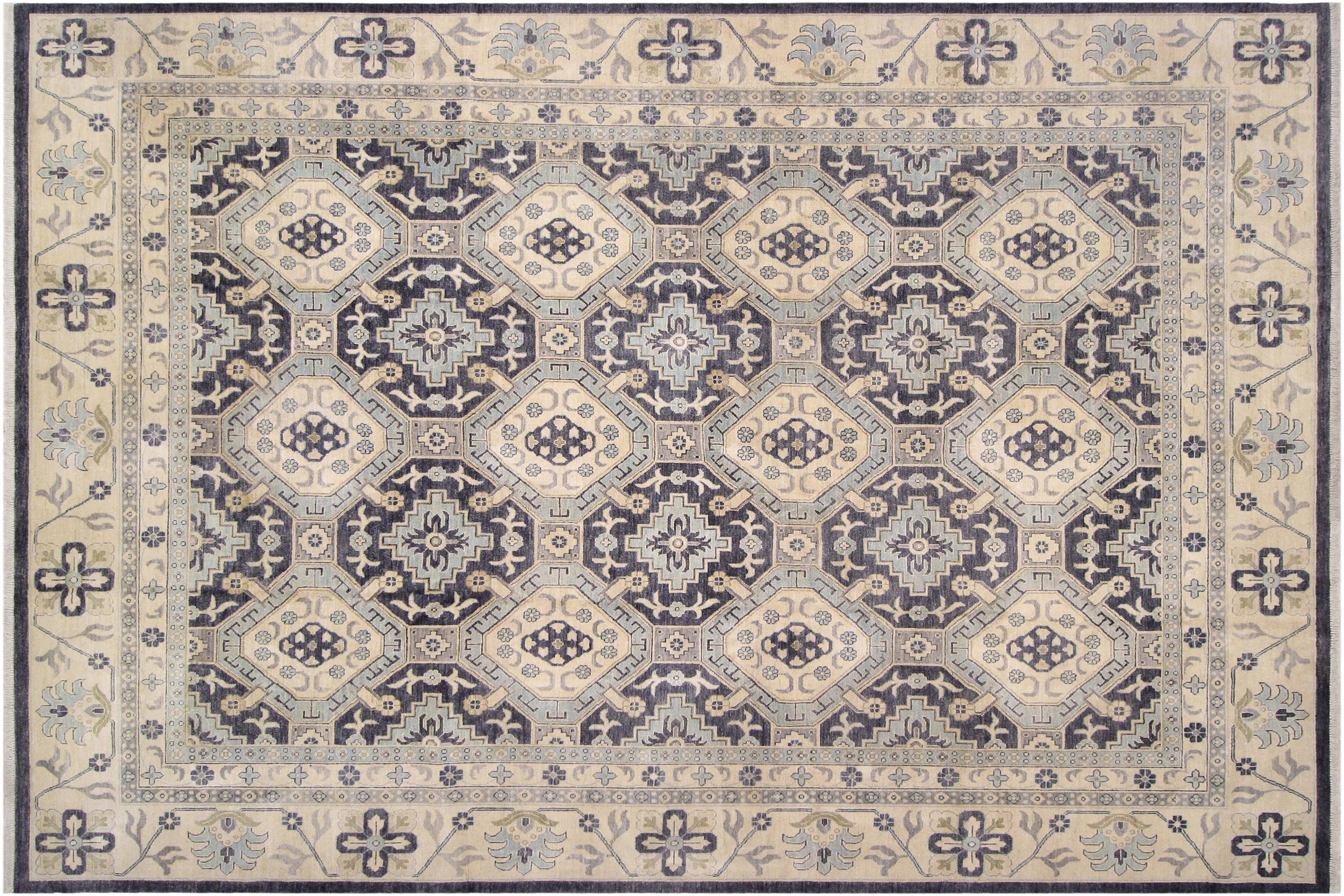 handmade Transitional Kafkaz Drk. Gray Ivory Hand Knotted RECTANGLE 100% WOOL area rug 12' x 14'