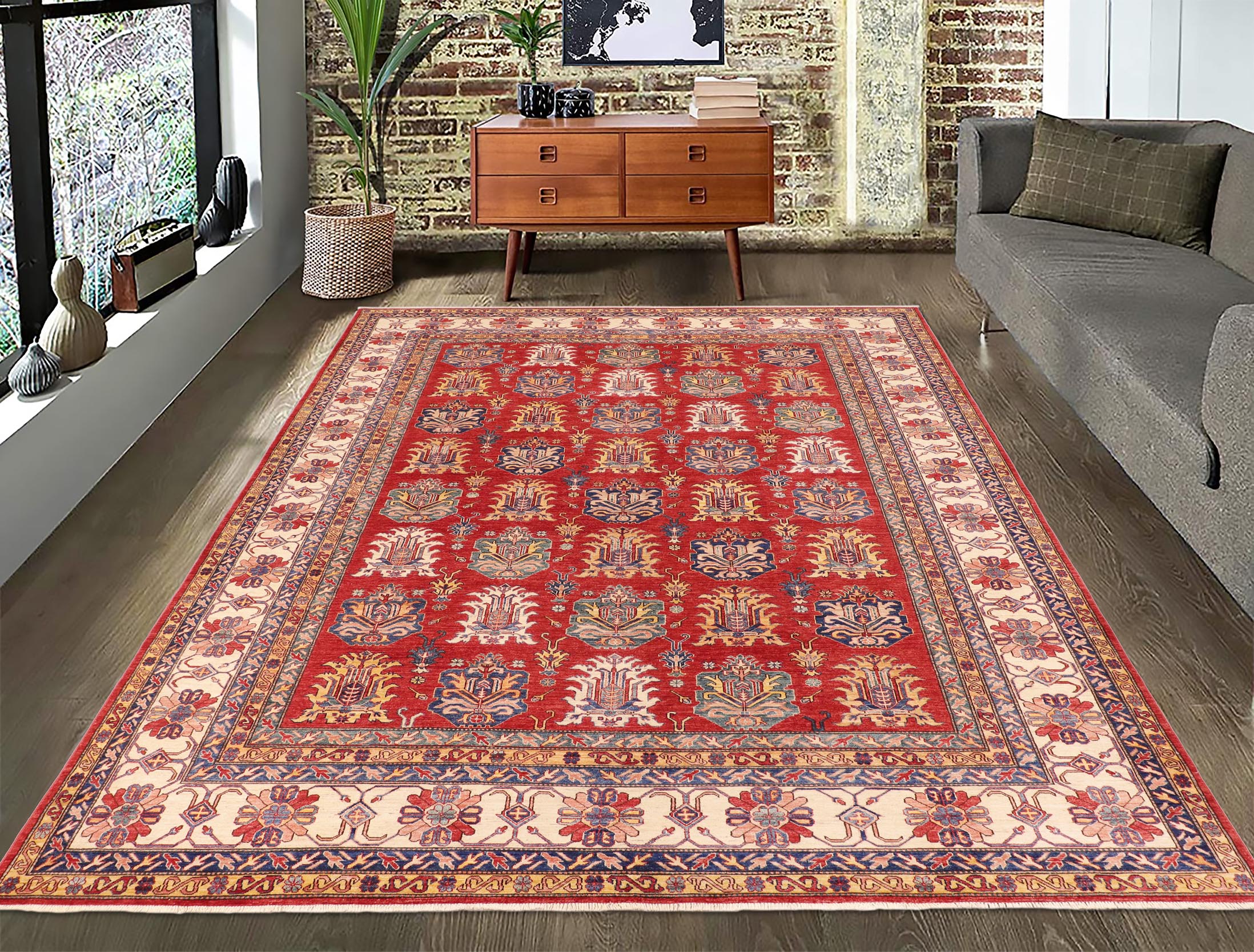 handmade Geometric Super Kazak Red Beige Hand Knotted RECTANGLE 100% WOOL area rug 10' x 14'