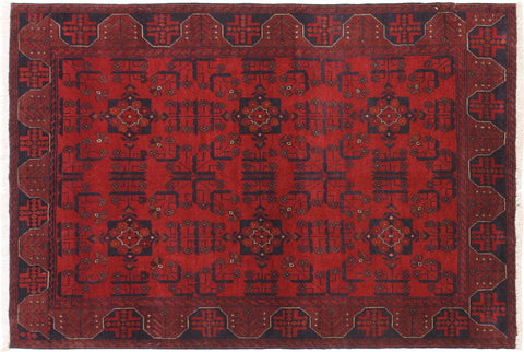 handmade Geometric Khal Muhamm Drk. Red Black Hand Knotted RECTANGLE 100% WOOL area rug 4' x 6'