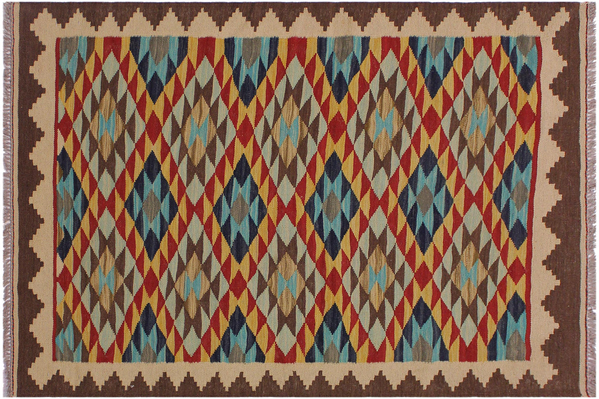 3x5 hand woven Turkish Kilim wool rug in beige and brown - Ethnic Betsey Turkish