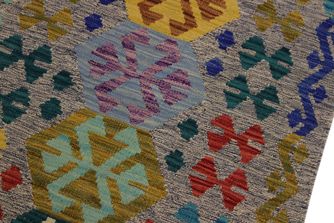 handmade Geometric Kilim Beige Blue Hand-Woven RUNNER 100% WOOL area rug 3' x 10'