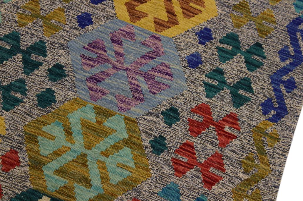 Flat Weave Kilim Antique Navaho Vintage handmade Geometric Kilim Beige Blue Hand-Woven Runner 100% Wool Area Rug 3x10 
