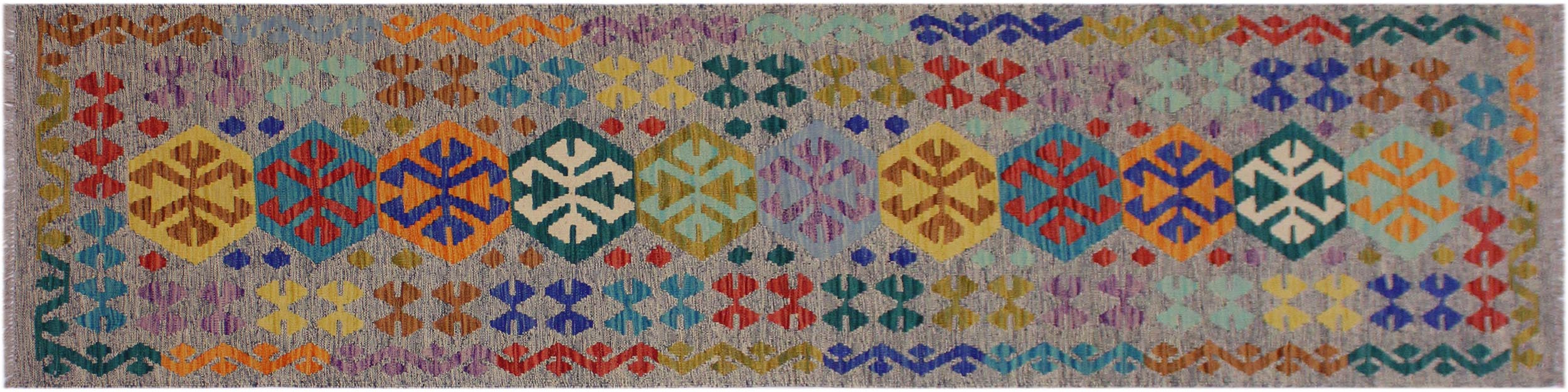 handmade Geometric Kilim Beige Blue Hand-Woven RUNNER 100% WOOL area rug 3' x 10'