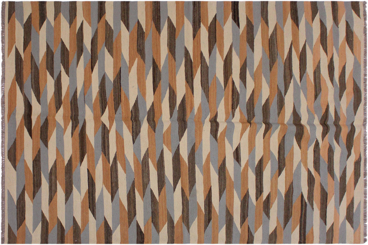 5x7 hand woven Turkish Modern Kilim wool rug in ivory and gray - Turkish Eclectic Bettina