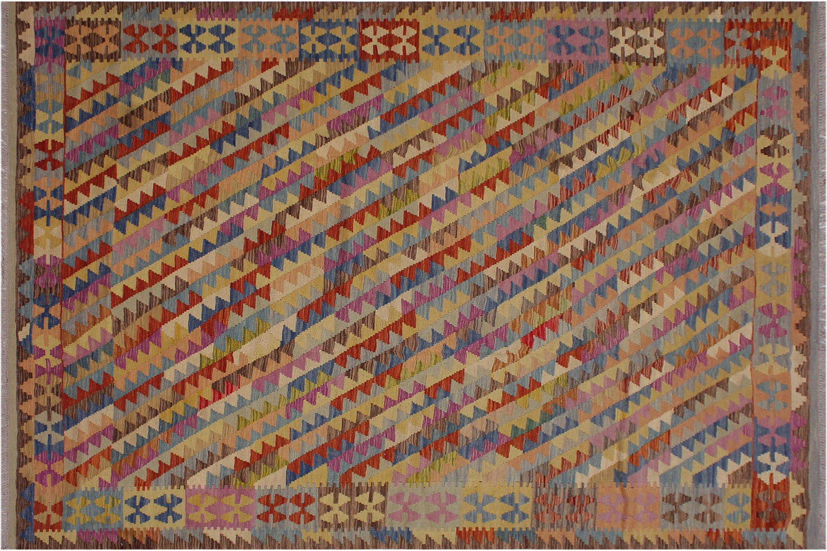 7x10 hand woven Turkish Modern Kilim wool rug in brown and blue - Turkish Chic Bev