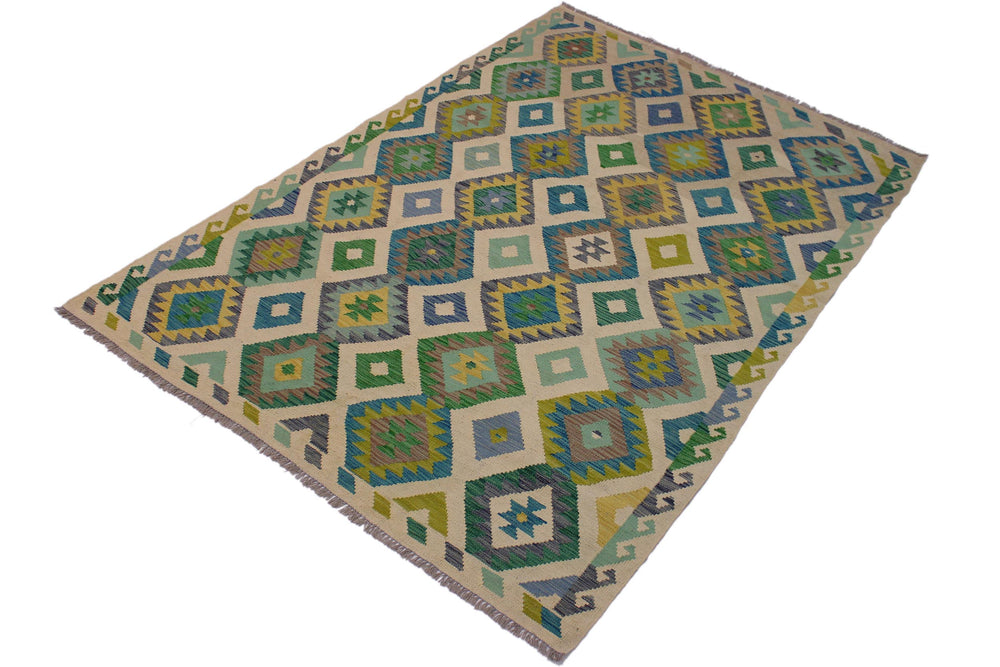 handmade Geometric Kilim Ivory Green Hand-Woven RECTANGLE 100% WOOL area rug 5 x 8
