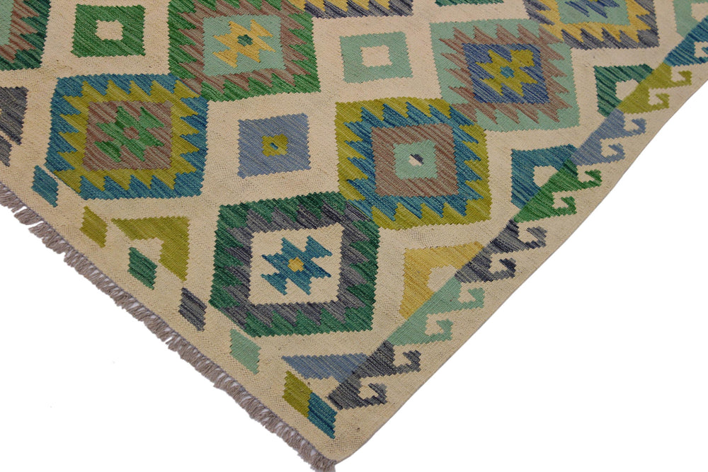 handmade Geometric Kilim Ivory Green Hand-Woven RECTANGLE 100% WOOL area rug 5 x 8