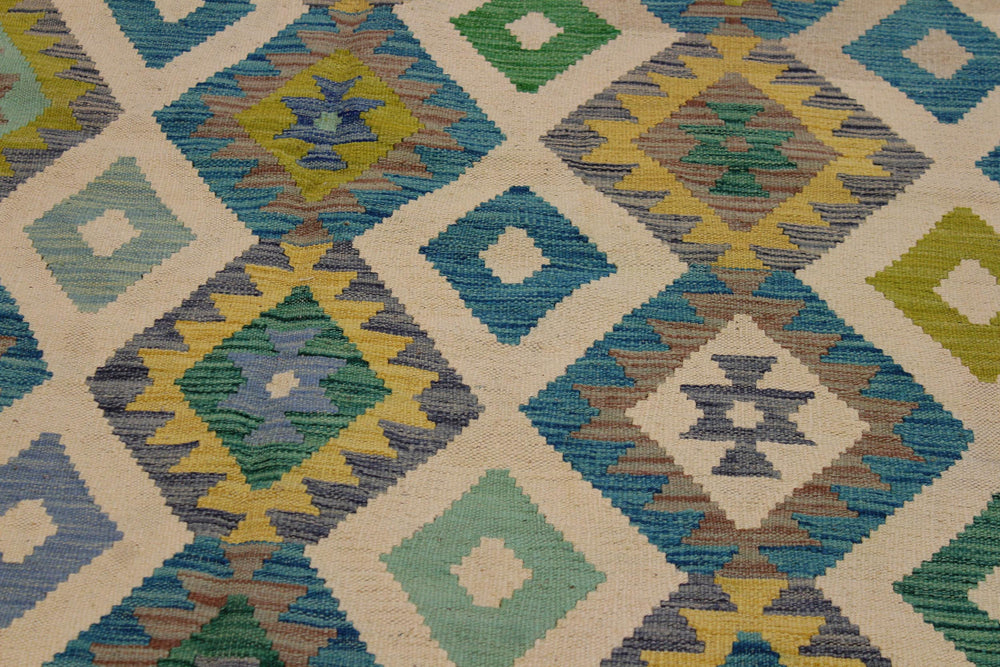 handmade Geometric Kilim Ivory Green Hand-Woven RECTANGLE 100% WOOL area rug 5 x 8