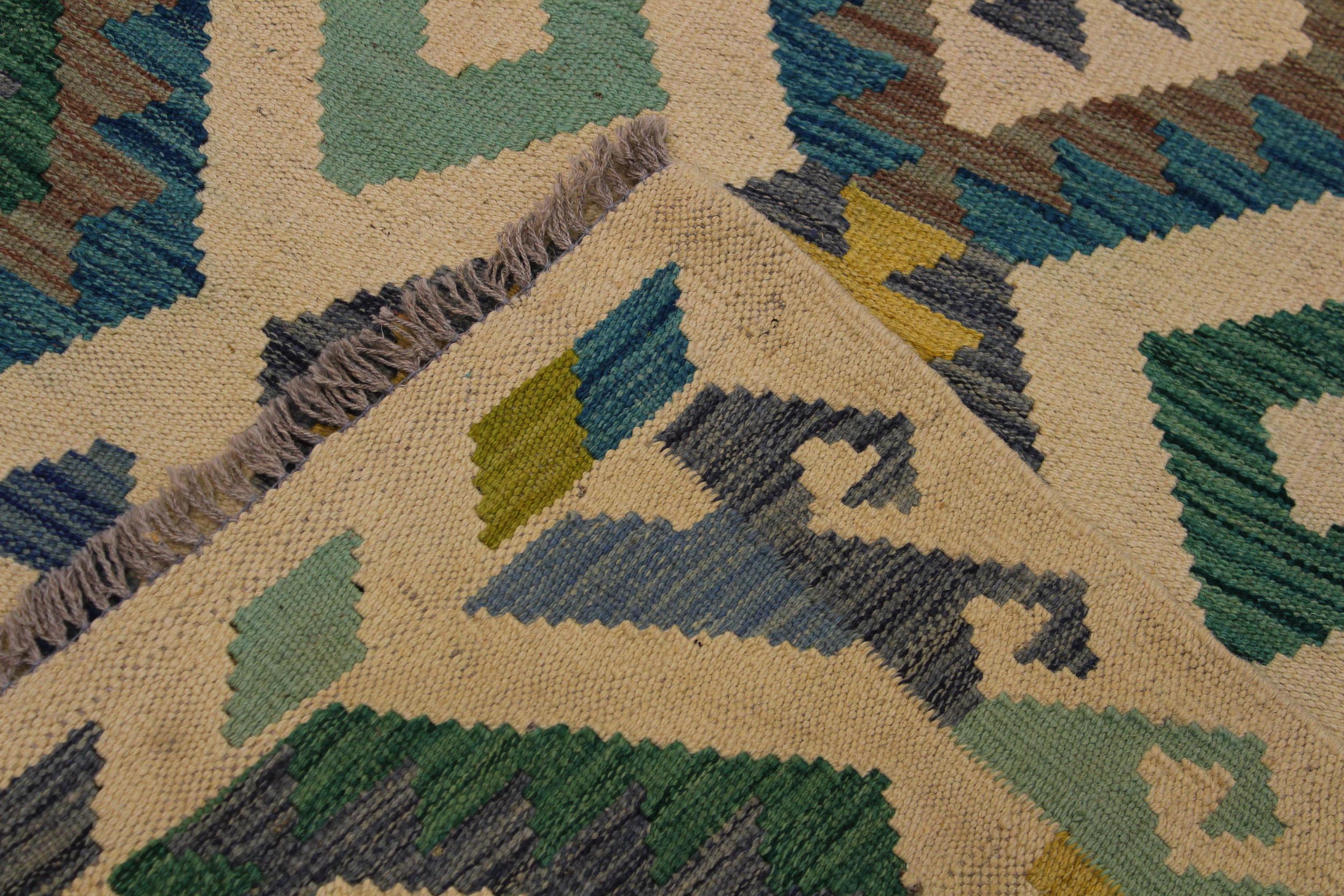 handmade Geometric Kilim Ivory Green Hand-Woven RECTANGLE 100% WOOL area rug 5 x 8