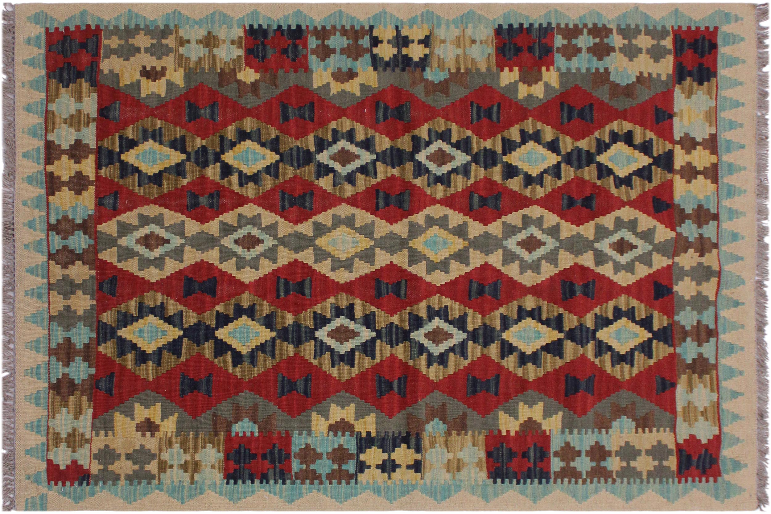 handmade Geometric Kilim Beige Red Hand-Woven RECTANGLE 100% WOOL area rug 3 x 5