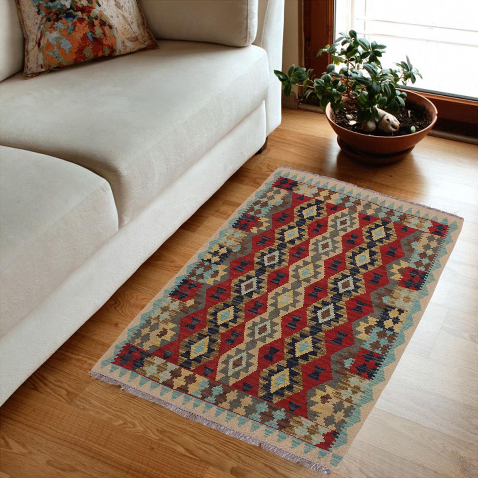 handmade Geometric Kilim Beige Red Hand-Woven RECTANGLE 100% WOOL area rug 3 x 5